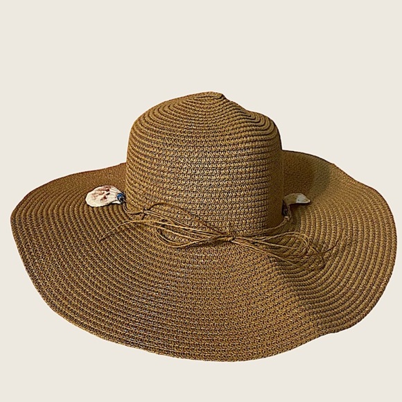 Floppy Wide Brim Straw Seashell Accent Beige Hat - Picture 3 of 3